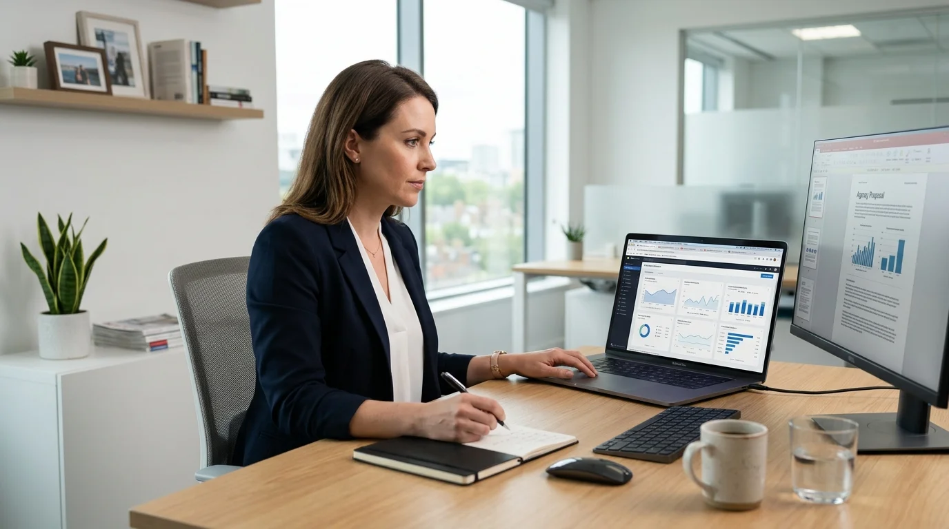 Marketing Manager analysiert AEO Agentur Angebote am Laptop in modernem Büro
