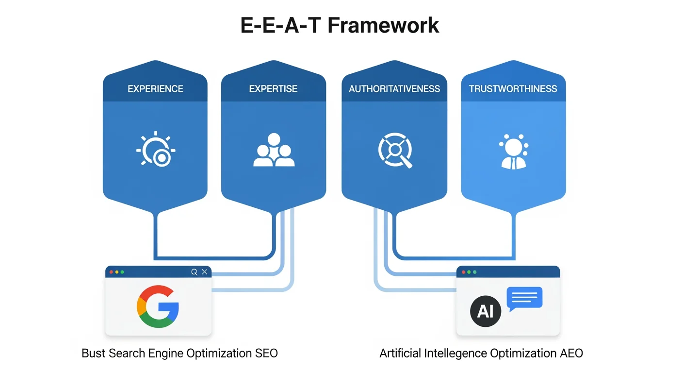 E-E-A-T Prinzip als gemeinsame Grundlage von SEO und AEO: Experience, Expertise, Authoritativeness, Trustworthiness