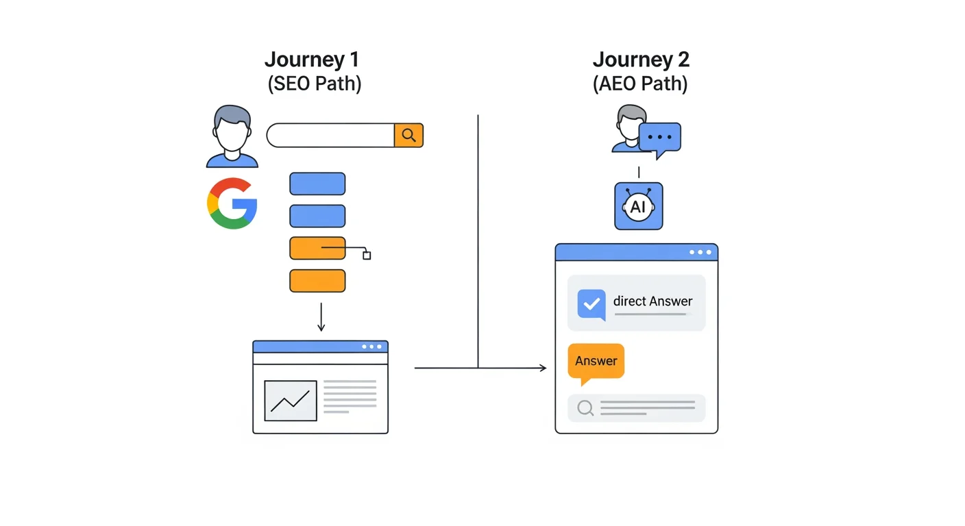 Visualisierung: SEO rankt Seiten in Suchergebnissen, AEO macht Inhalte zur direkten KI-Antwort