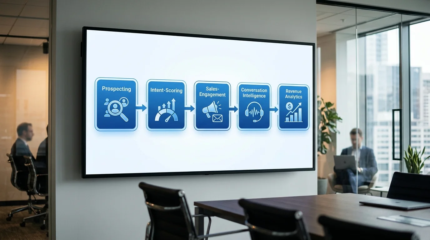 AI GTM Stack Übersicht: Fünf Kategorien Prospecting, Intent-Scoring, Sales-Engagement, Conversation Intelligence und Revenue Analytics