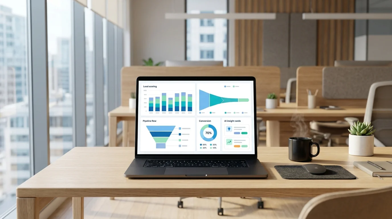 AI GTM Tools Übersicht 2026: Laptop mit GTM-Dashboard und KI-Analyse für Sales und Marketing