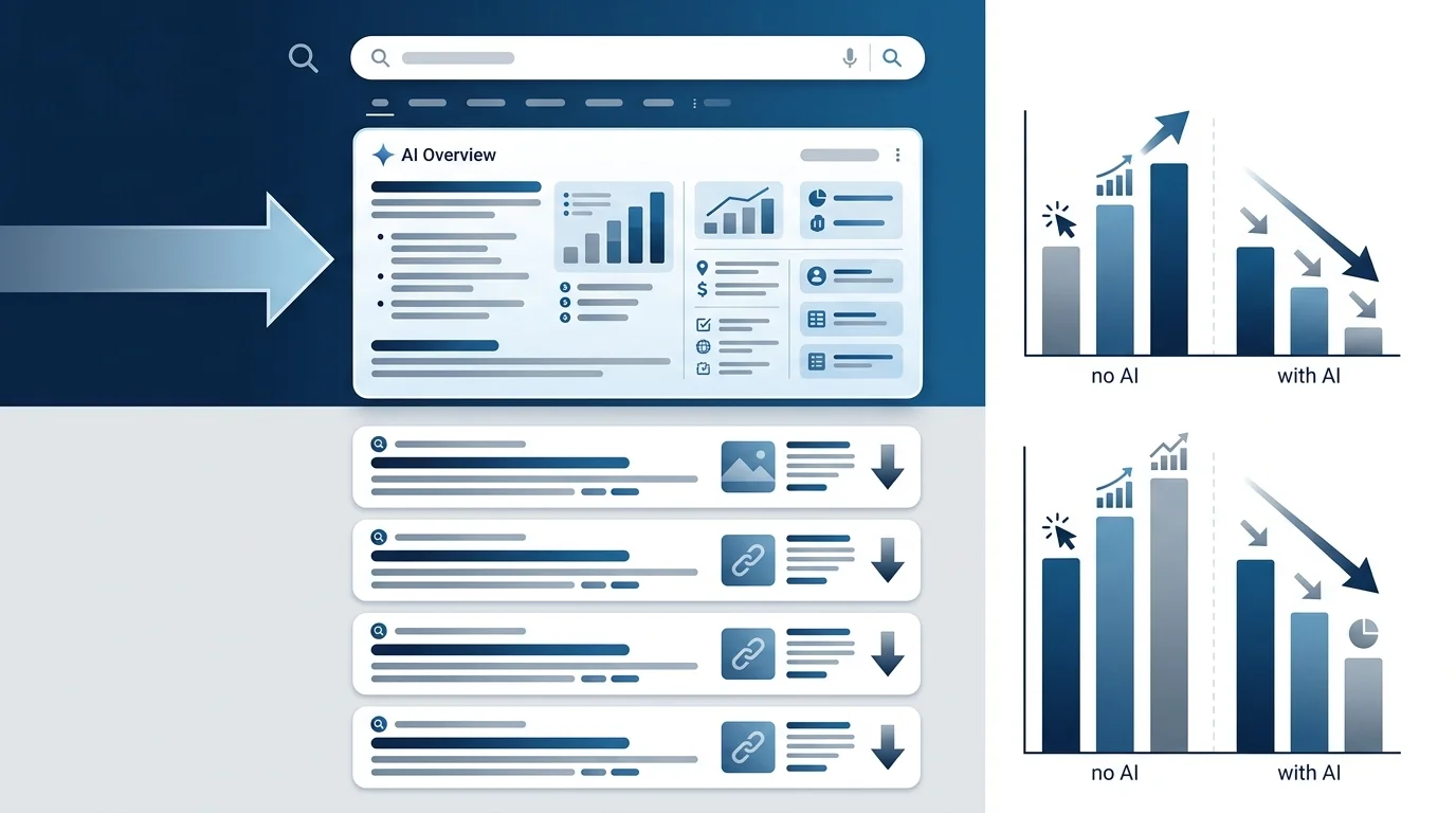 Visualisierung von AI Overviews in der Google-SERP mit Zero-Click-Effekt auf organischen Traffic