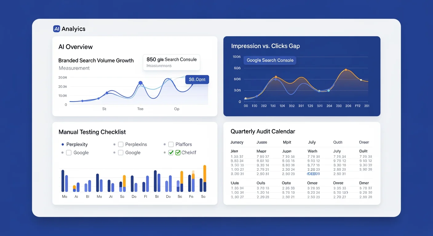 Dashboard-Ansicht für AI Overviews Erfolgsmessung: Brand Searches, Impressions, Click-Rate in Google Search Console