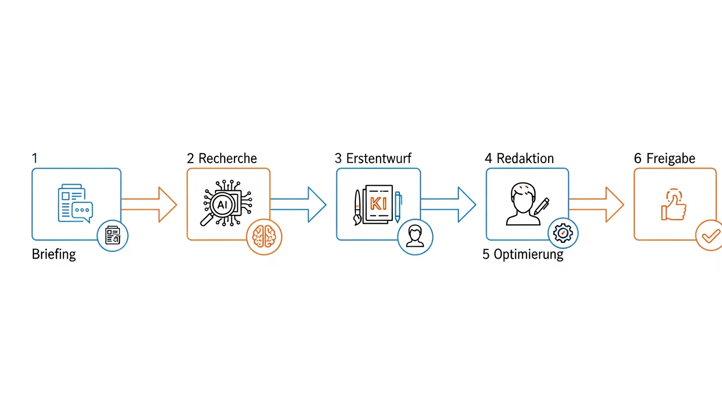 Workflow-Diagramm für AI-Redaktion: Von Briefing bis Veröffentlichung