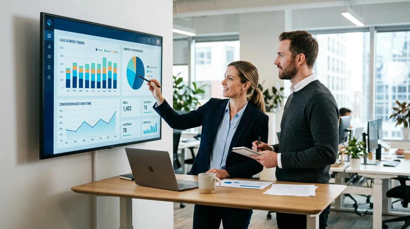 B2B Marketing Team analysiert KI-Tool-Dashboard auf modernem Laptop im Büro