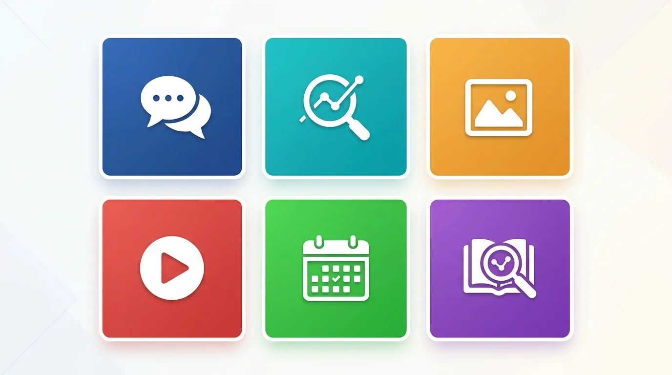 Übersicht der wichtigsten KI-Tool-Kategorien für Content Agenturen: Text, SEO, Bild, Video und Social Media