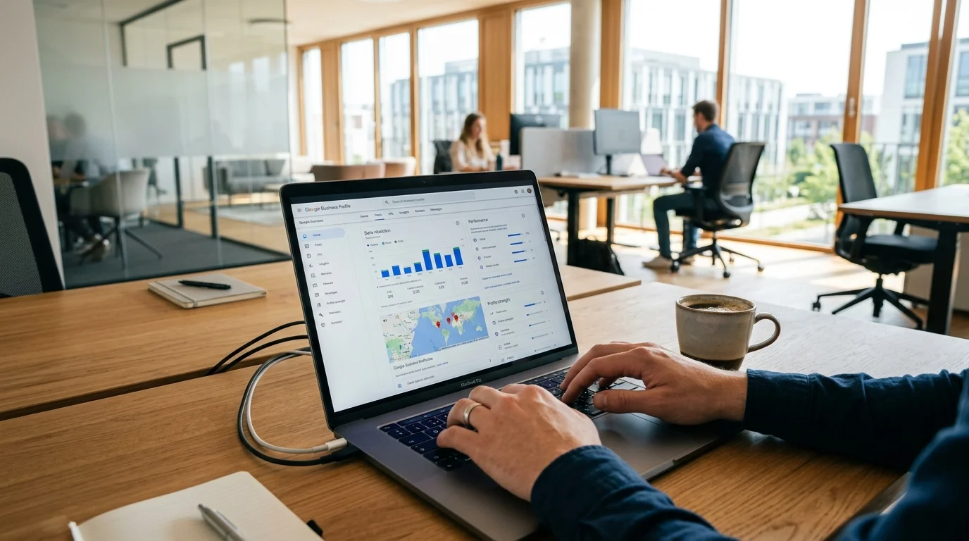 Lokale SEO und AEO DACH-Signale: Google Business Profile und NAP-Daten auf einem Laptop