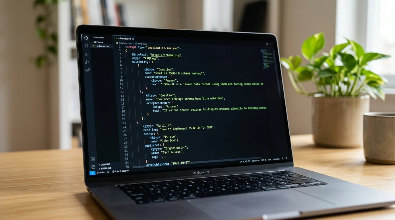 Schema-Markup Code im Editor für Answer Engine Optimization, FAQPage und Article Schema