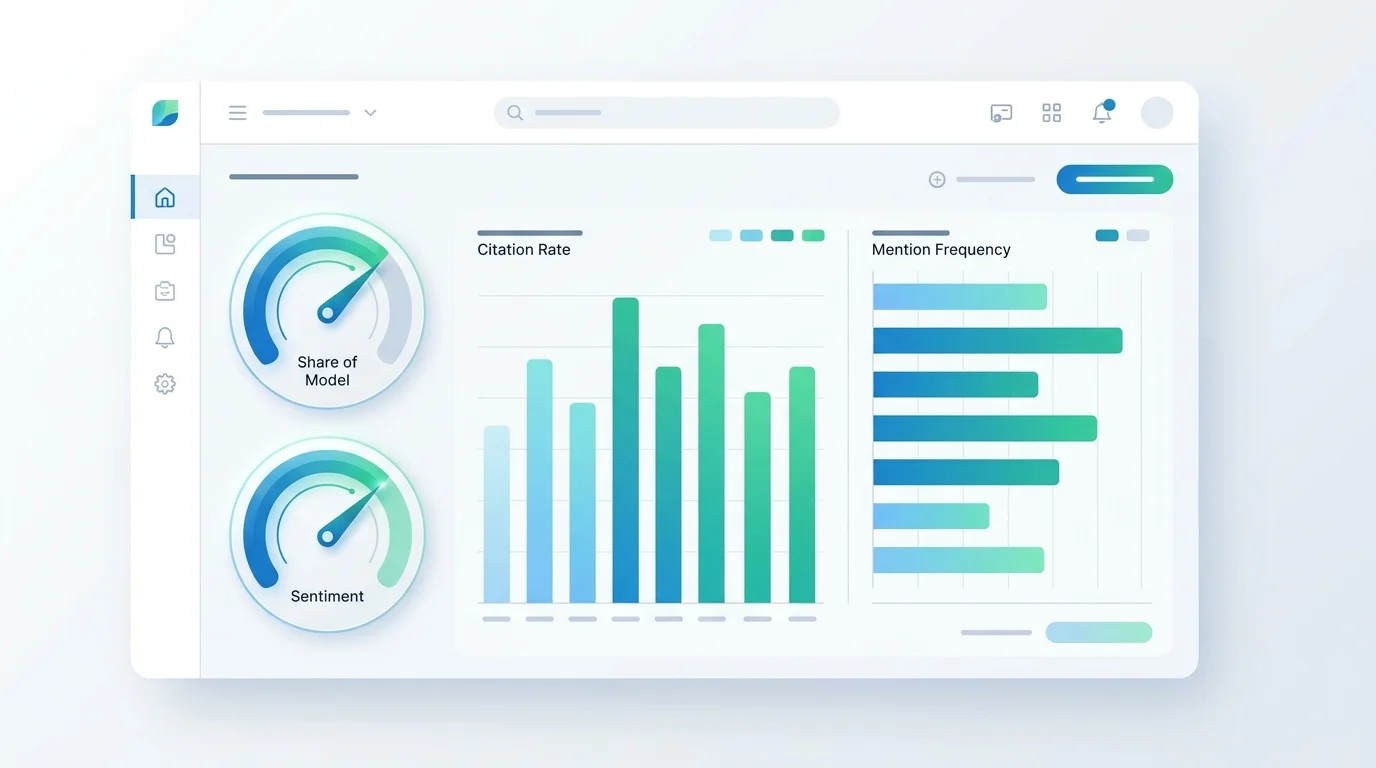 AEO KPI Dashboard mit Share of Model, Citation Rate, Sentiment und Erwähnungsfrequenz als Metriken