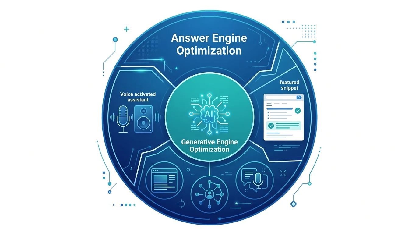 Vergleich zwischen AEO (Answer Engine Optimization) und GEO (Generative Engine Optimization) als Diagramm
