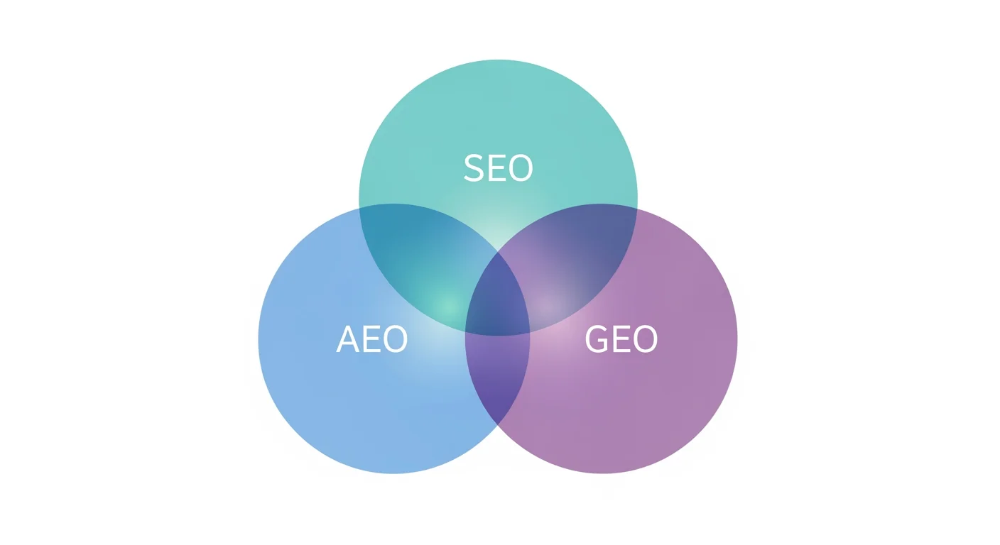 Vergleich zwischen SEO, AEO und GEO als Venn-Diagramm für Content-Strategen