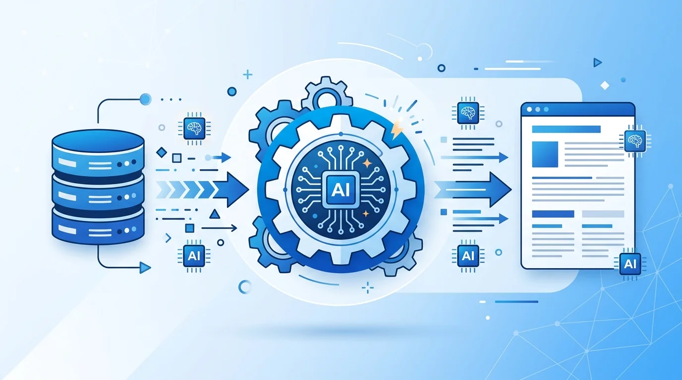 Automatisierte Texterstellung mit KI-Workflow-Diagramm und NLG-Symbolen