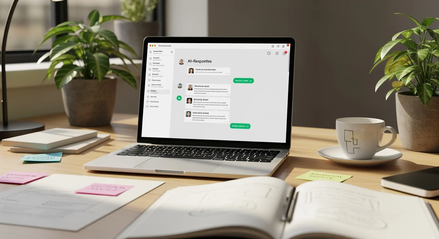ChatGPT für Redaktion: Laptop mit KI-Assistent und redaktionellen Notizen auf dem Schreibtisch eines Marketing-Managers