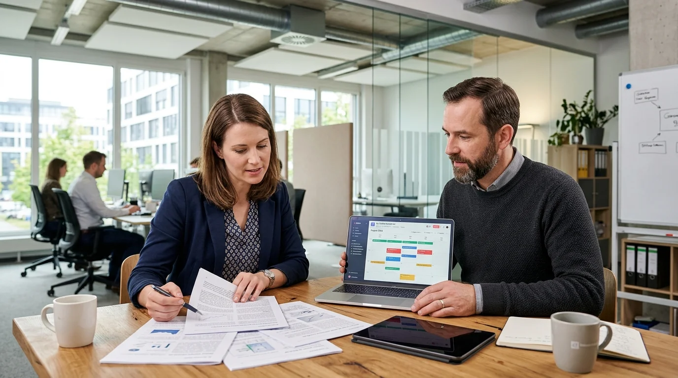 Mittelstandsunternehmen und Content-Agentur arbeiten gemeinsam an Fachartikeln in einem modernen deutschen Büro