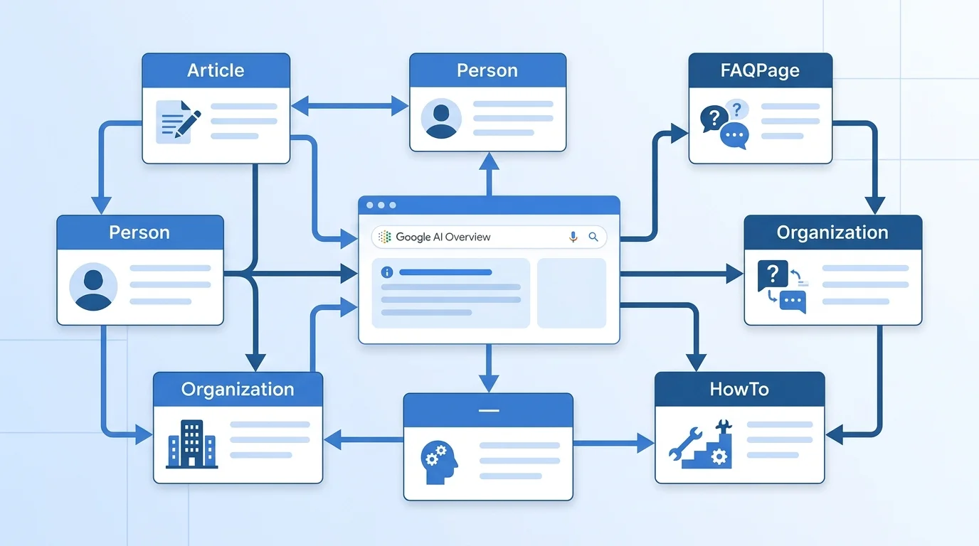 Schema.org Implementierung für AI Overviews: Article, Person, FAQPage und Organization Schema Typen