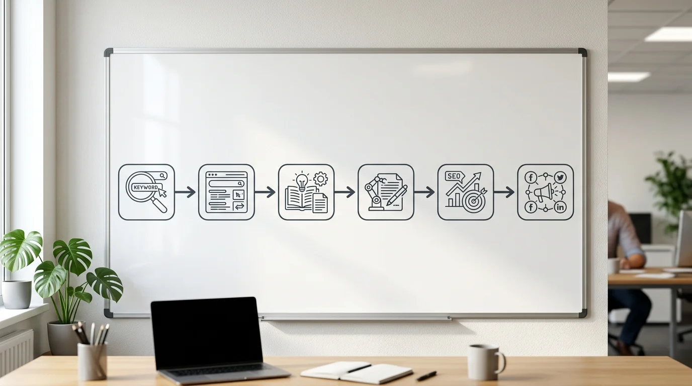 Visualisierung eines vollautomatischen KI-Content-Workflows von Keyword bis Publishing