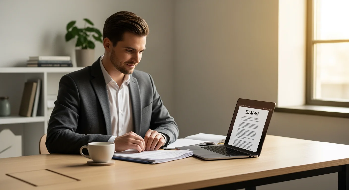 Solo-Selbstständige am Laptop prüft ob sie KI-Texte veröffentlichen darf, mit EU AI Act Dokumenten im Hintergrund