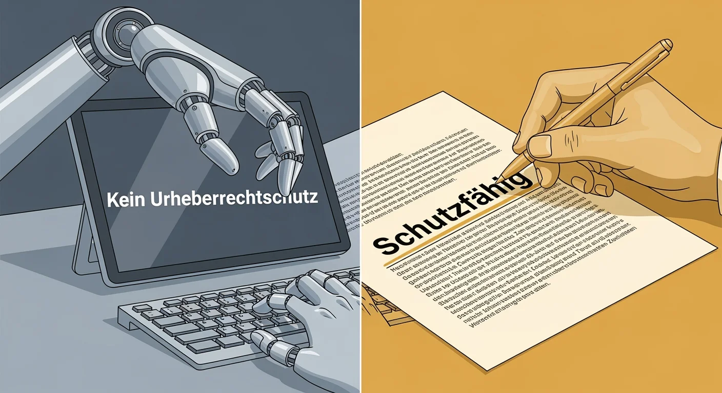 Vergleich zwischen reinem KI-Text ohne Urheberrechtsschutz und menschlich überarbeitetem KI-Text mit Schutz