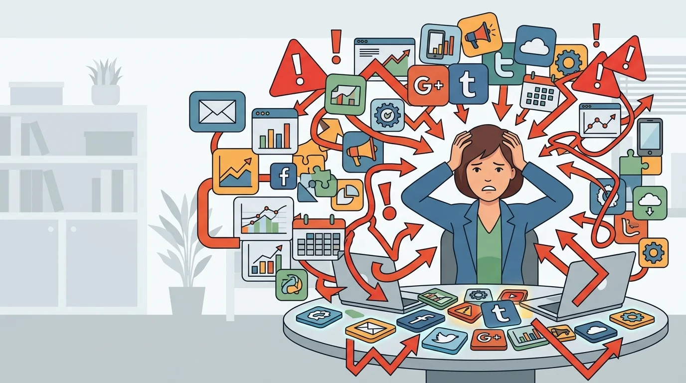Chaotischer KI-Tool-Stack im Marketing mit zu vielen Tools und unklarer Strategie