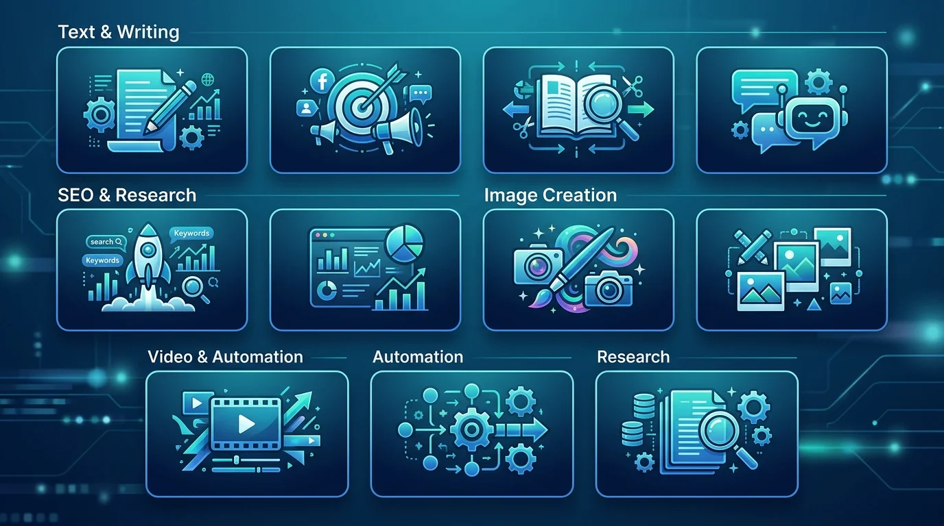 Übersicht der 11 besten KI-Tools für Content-Marketing kategorisiert nach Use Case