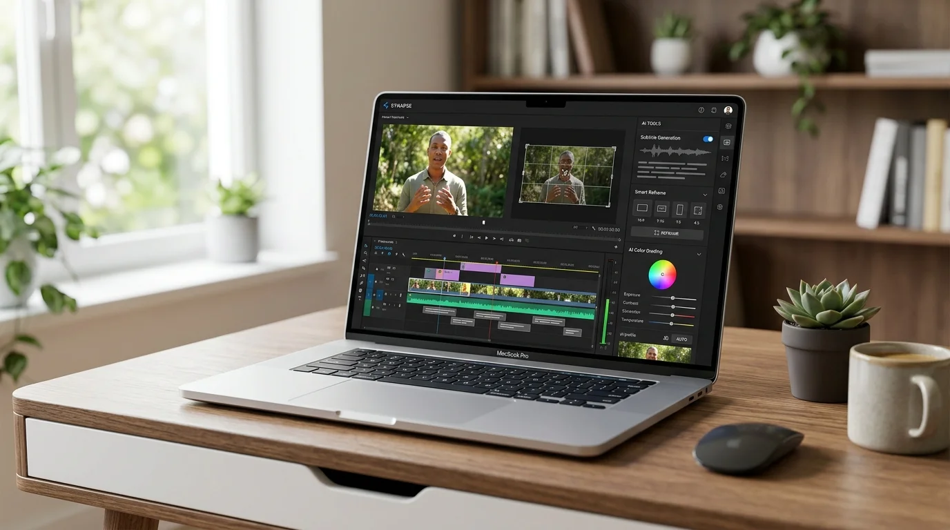 KI-Videobearbeitung mit Auto-Captions und Smart Reframe Funktionen in modernem Interface