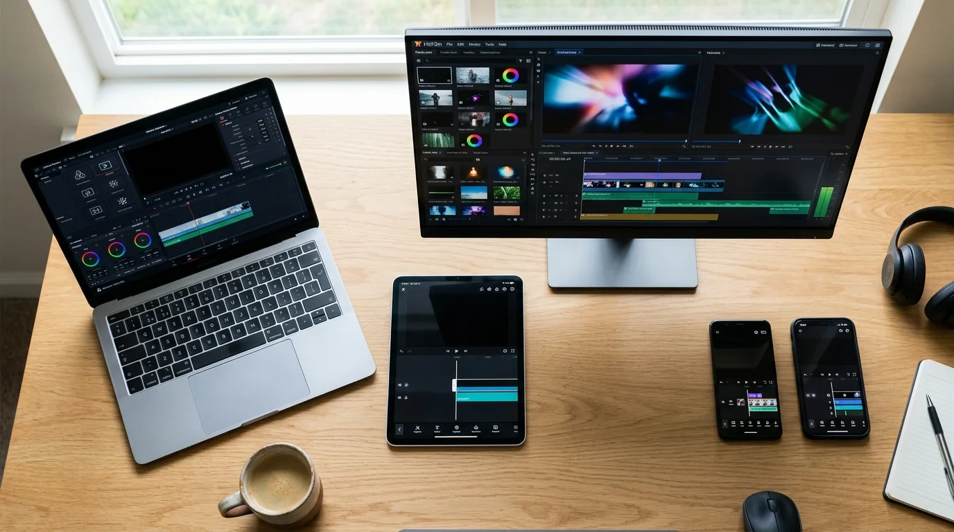 Vergleich von DaVinci Resolve, CapCut, Clipchamp, Canva und HitFilm auf verschiedenen Geräten