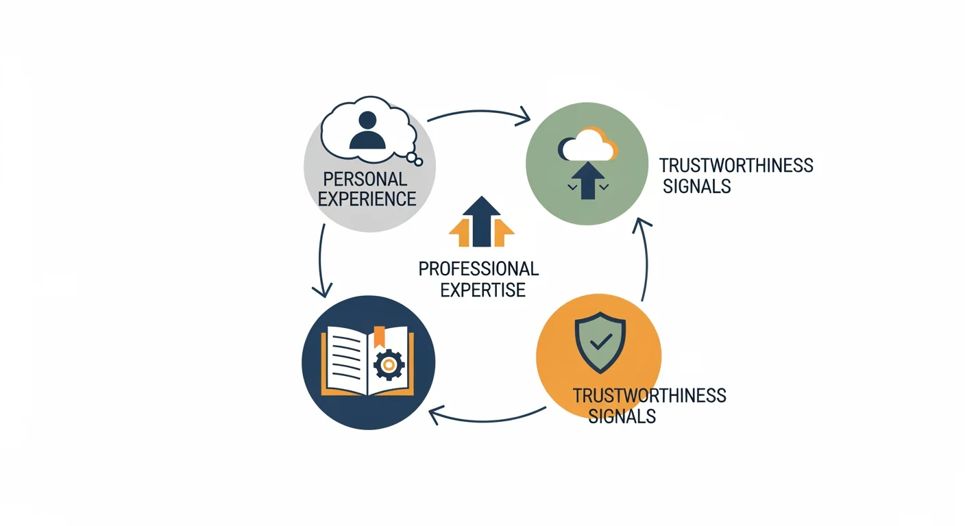 Die vier E-E-A-T Dimensionen visualisiert: Erfahrung, Fachwissen, Autorität und Vertrauen als Qualitätsmerkmale für Content