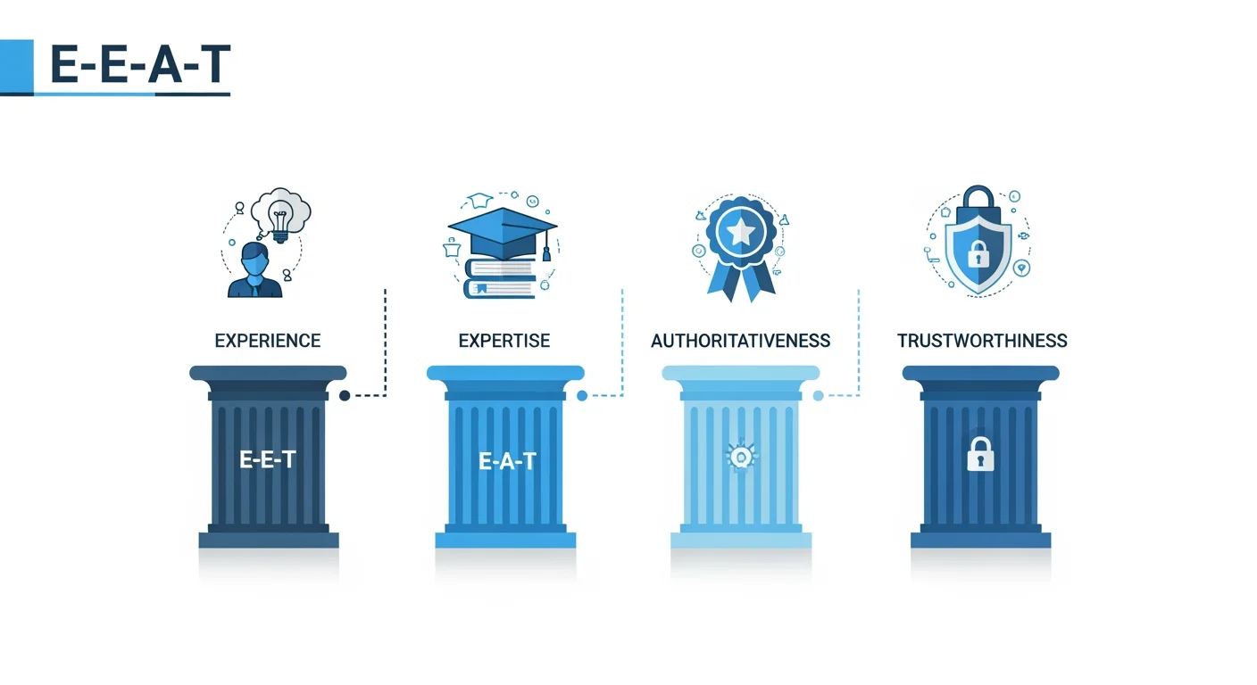 E-E-A-T Framework Übersicht: Experience, Expertise, Authoritativeness, Trustworthiness als vier Säulen einer Qualitätsstrategie