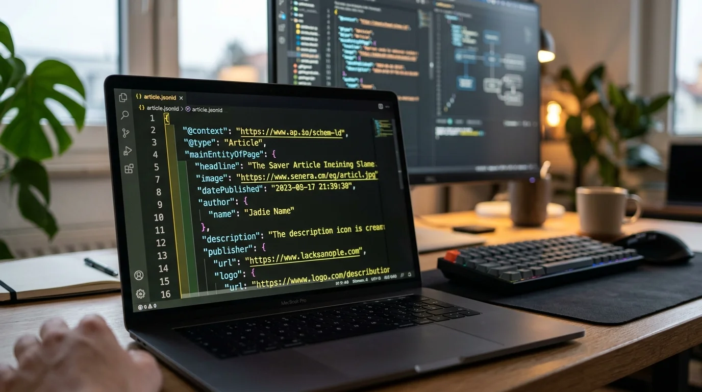 Schema-Markup JSON-LD Code auf einem modernen Laptop-Bildschirm für SEO und E-E-A-T Optimierung