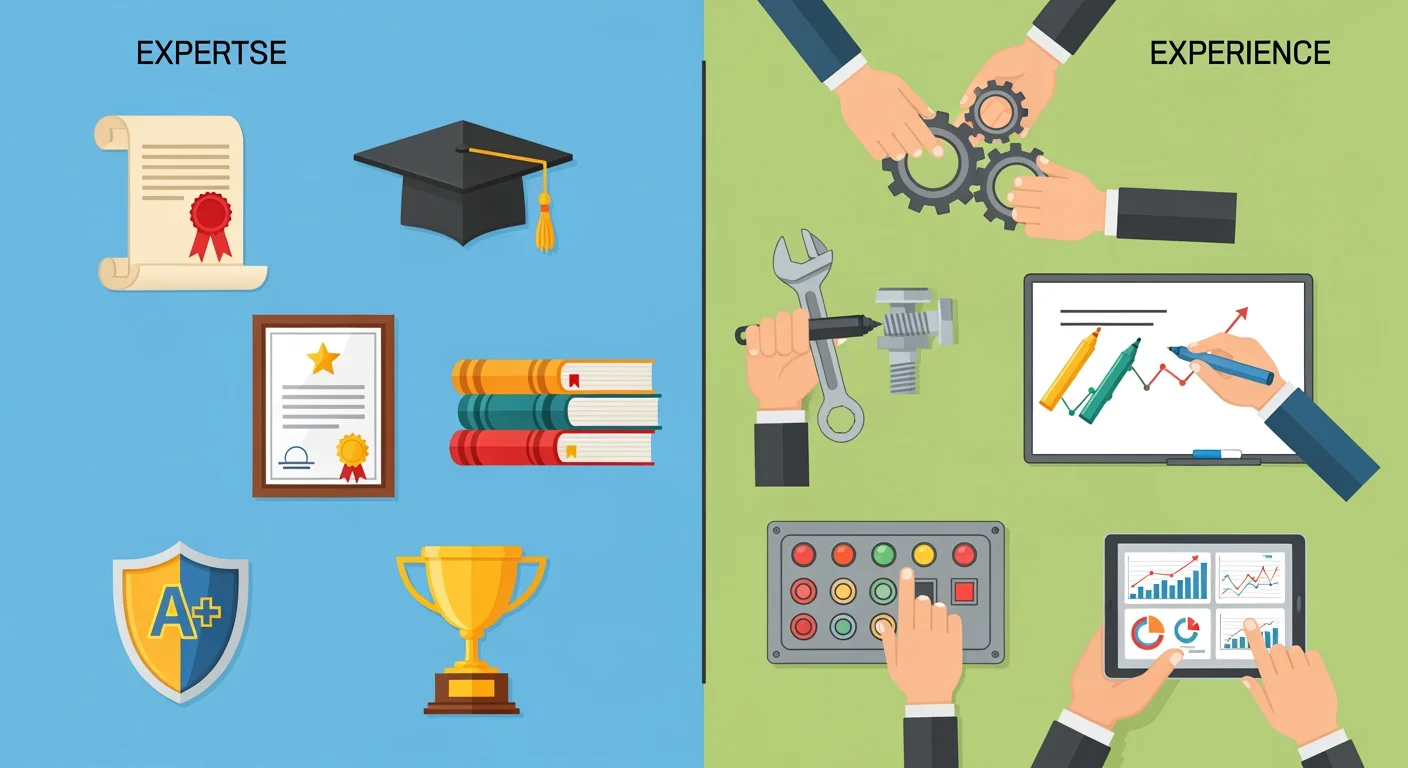 Unterschied zwischen Experience und Expertise im E-E-A-T Framework: persönliche Erfahrung vs. formales Fachwissen