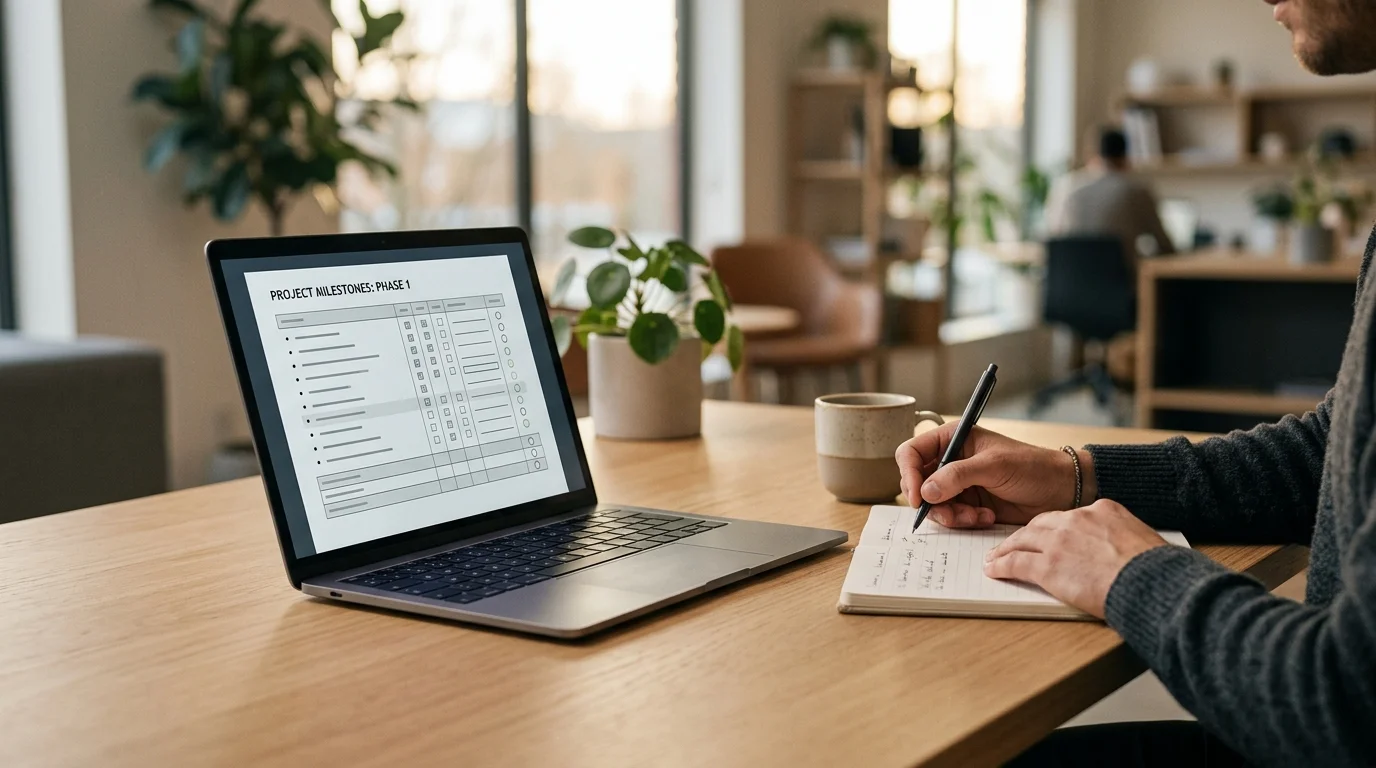 E-E-A-T Audit Checkliste auf einem Laptop-Bildschirm in einem modernen Büro