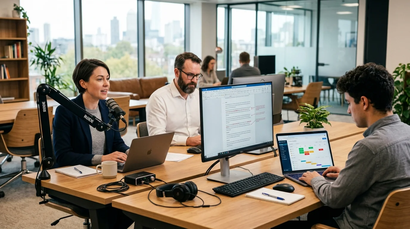 Team arbeitet an Fachartikel-Produktion mit KI-Tools und digitalen Workflows