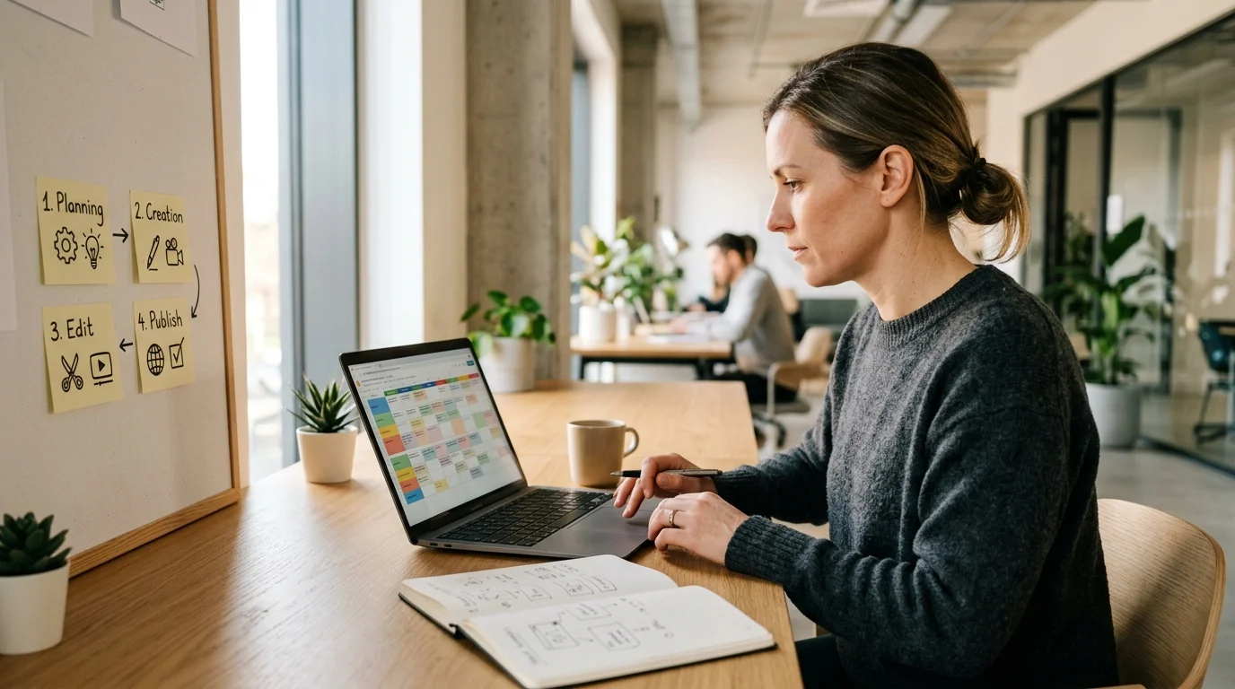 Head of Marketing plant Content-Strategie ohne eigene Redaktion am Schreibtisch mit strukturiertem Workflow