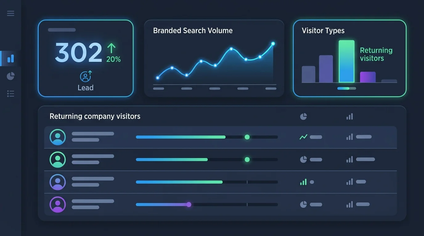 Dashboard mit relevanten Kennzahlen für B2B-Sichtbarkeit: qualifizierte Anfragen, Marken-Suchanfragen und wiederkehrende Besucher