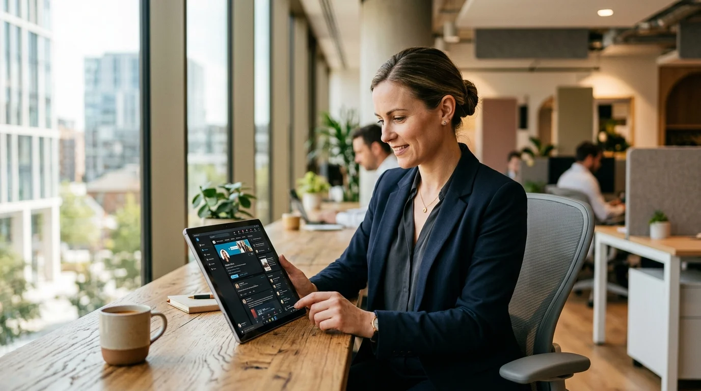 Geschäftsführer schreibt einen LinkedIn-Beitrag mit Fachperspektive auf einem Tablet