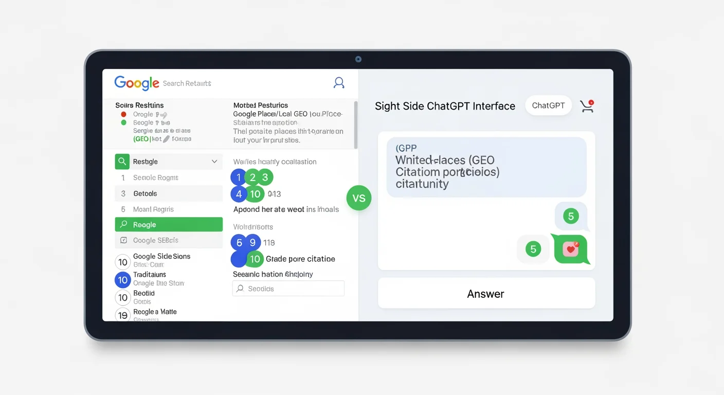 Vergleichsdiagramm SEO vs GEO – Rankings vs Citations in KI-Antworten