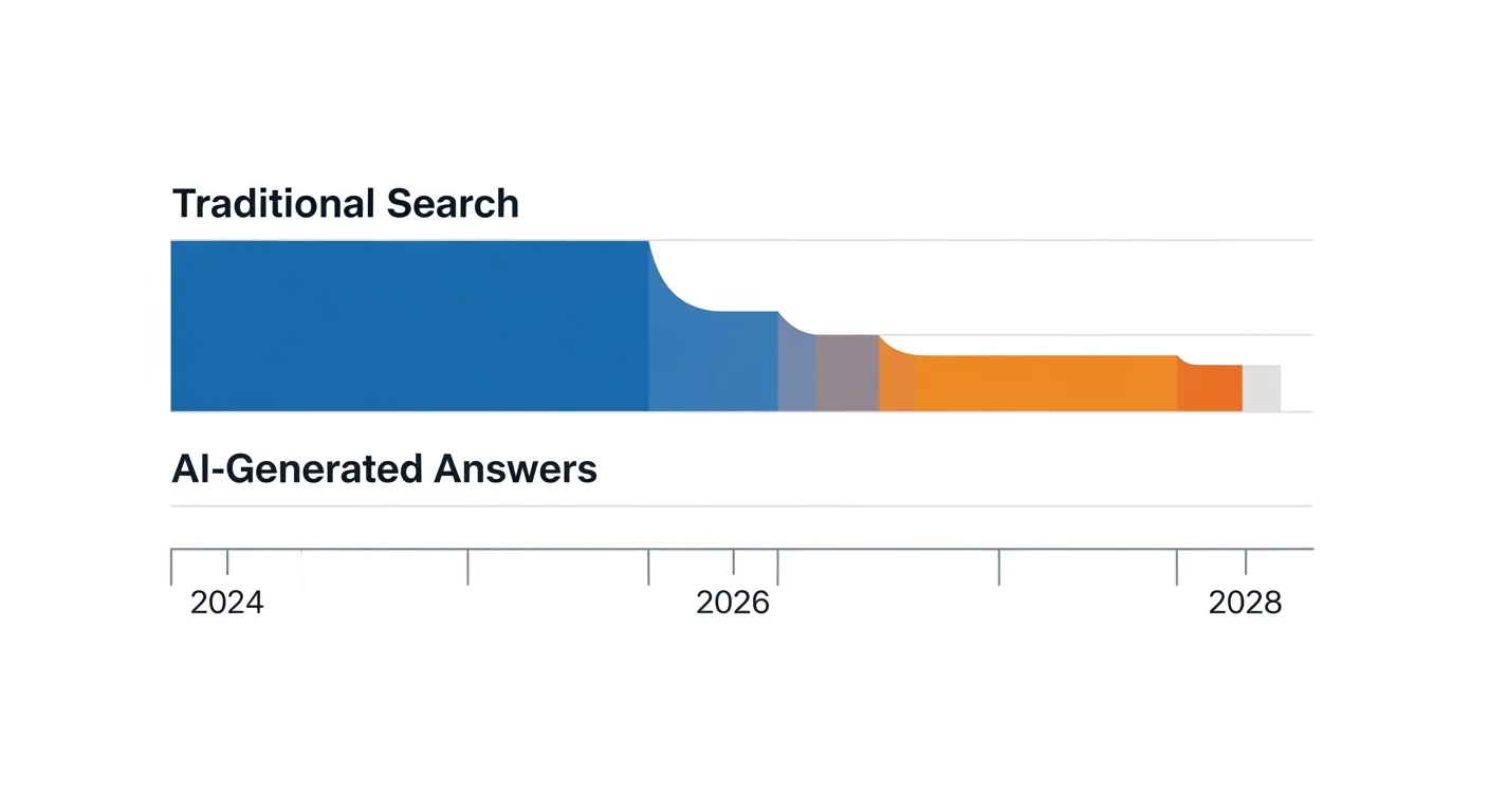 Balkendiagramm zeigt den prognostizierten Rückgang traditioneller Suchanfragen und den Anstieg von KI-generierten Antworten bis 2028