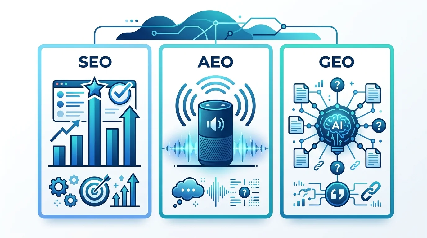 Vergleich GEO SEO AEO drei Disziplinen im Überblick