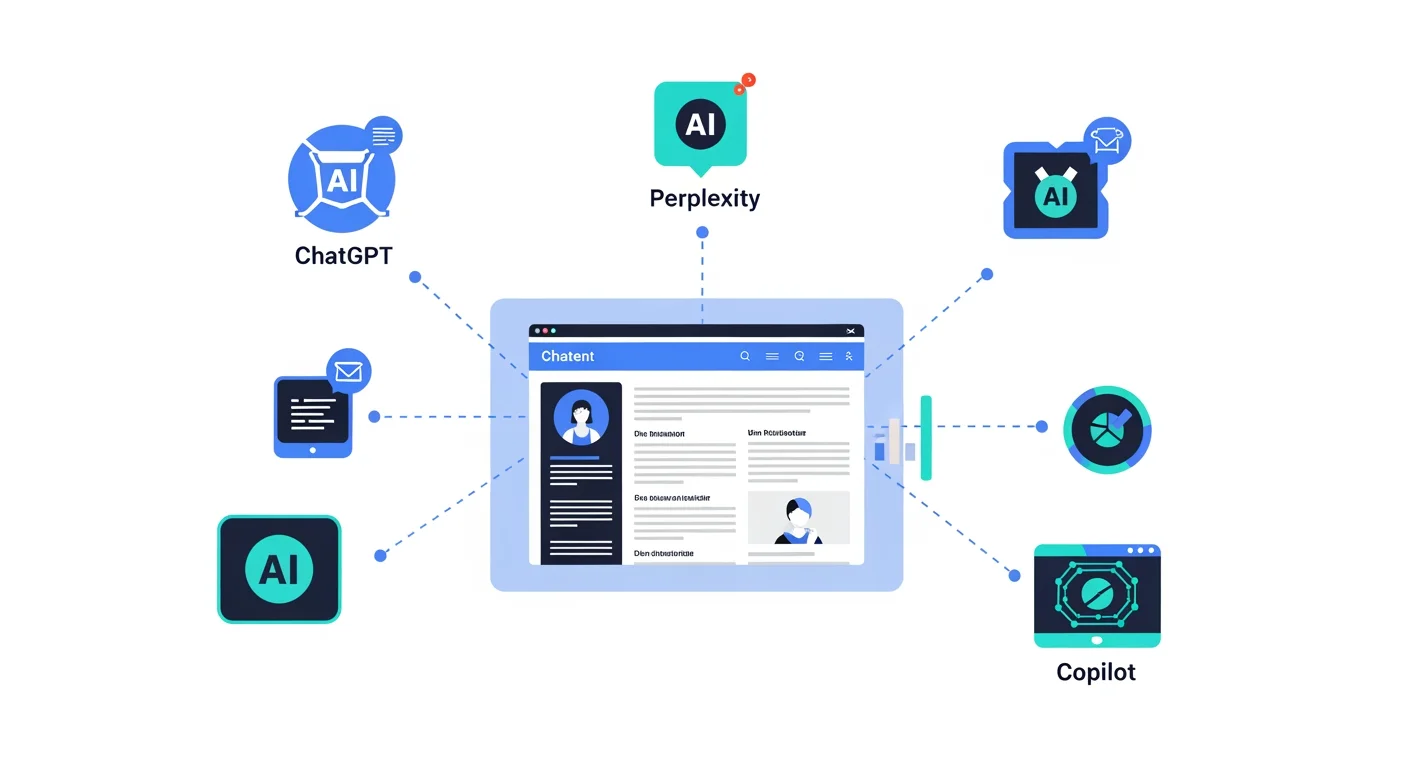 GEO Optimierung Illustration: KI-Systeme wie ChatGPT und Perplexity zitieren strukturierten Web-Content aus dem DACH-Markt