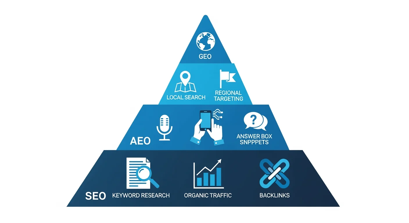Visuelles Diagramm zum Vergleich von SEO, AEO und GEO als aufeinander aufbauende Ebenen der Suchoptimierung