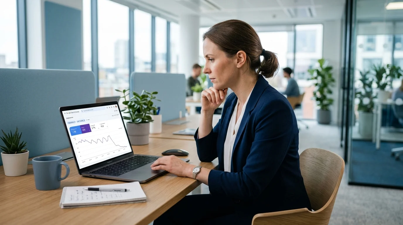 Marketing Manager analysiert sinkende Google Rankings auf einem Dashboard-Bildschirm