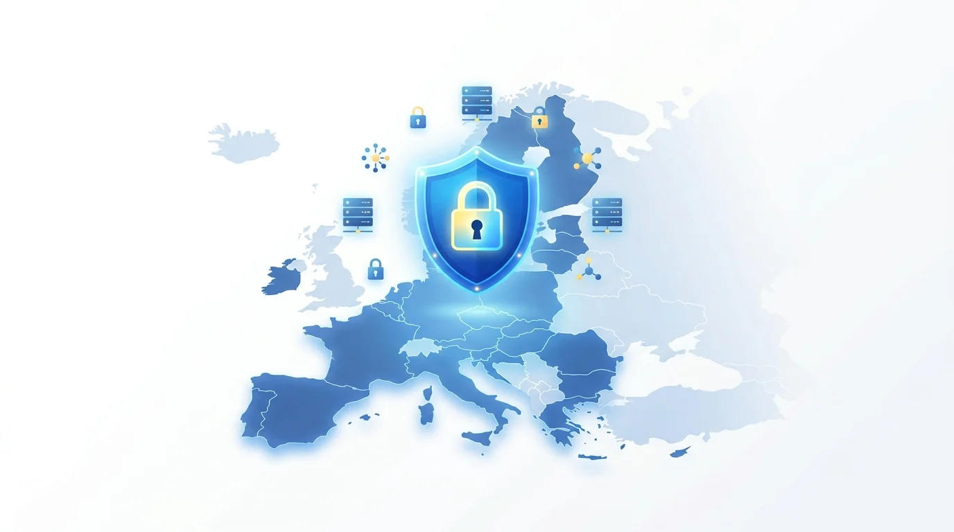 DSGVO-Datenschutz und EU-Hosting-Konzept für KI-Tools visualisiert als Schild über Europa-Karte