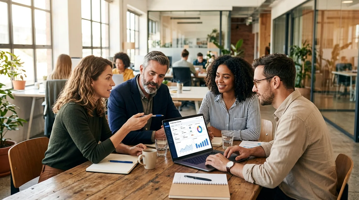 Marketing-Team analysiert KI-Tool-Kosten und Workflow-Integration am Laptop