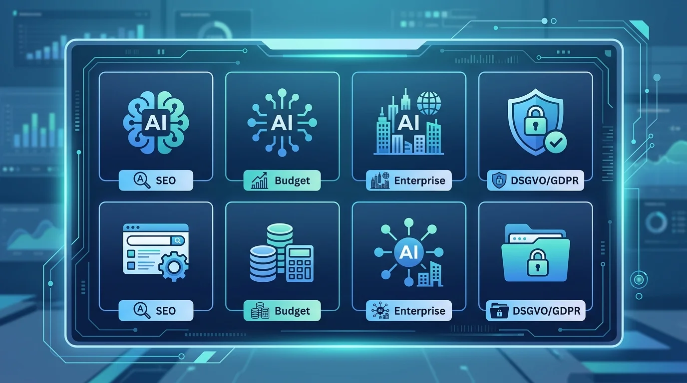 Verschiedene KI-Schreibtools als Icons auf einem digitalen Vergleichs-Board