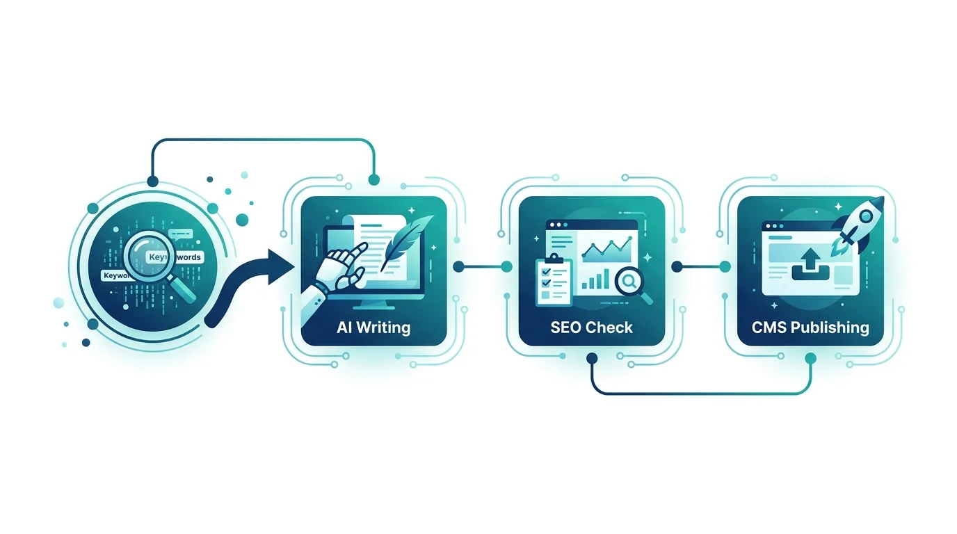 KI automatisch Content erstellen - vollautomatische Content-Pipeline mit n8n und KI-Tools visualisiert