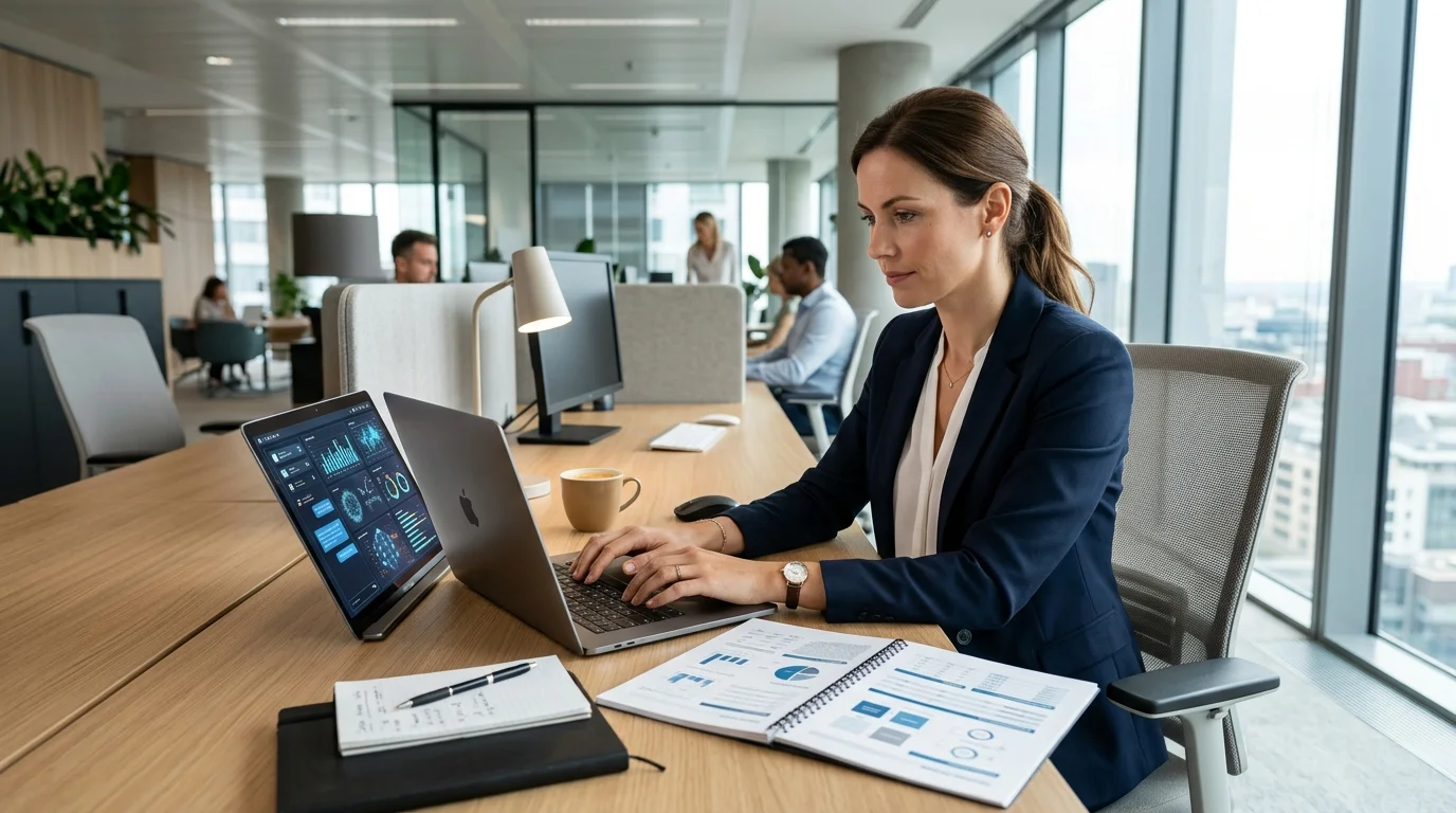 Fachkraft nutzt KI-Tool am Laptop um einen professionellen Bericht zu erstellen