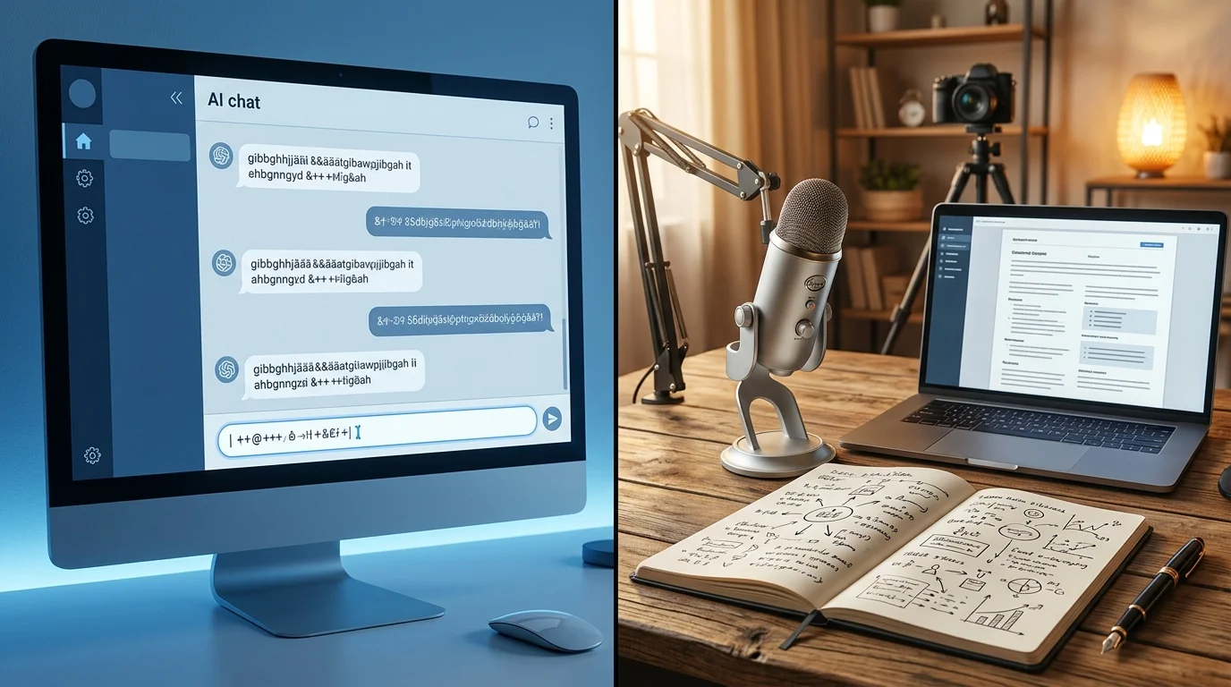 Vergleich generativer KI-Content versus interview-basierter KI-Content mit Expertenwissen in einer visuellen Gegenüberstellung