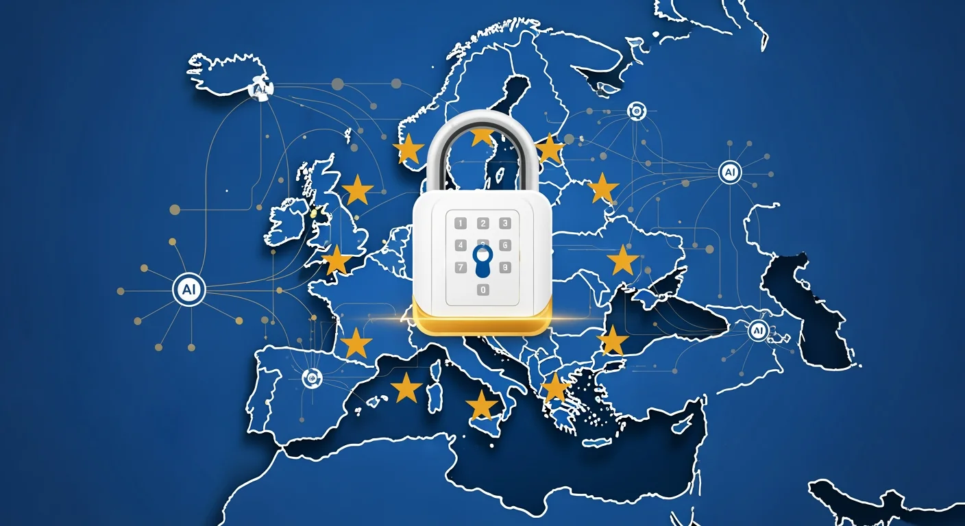 KI DSGVO Datenschutz für Unternehmen im DACH-Raum: Symbolbild mit Schloss und digitalen Datenpunkten