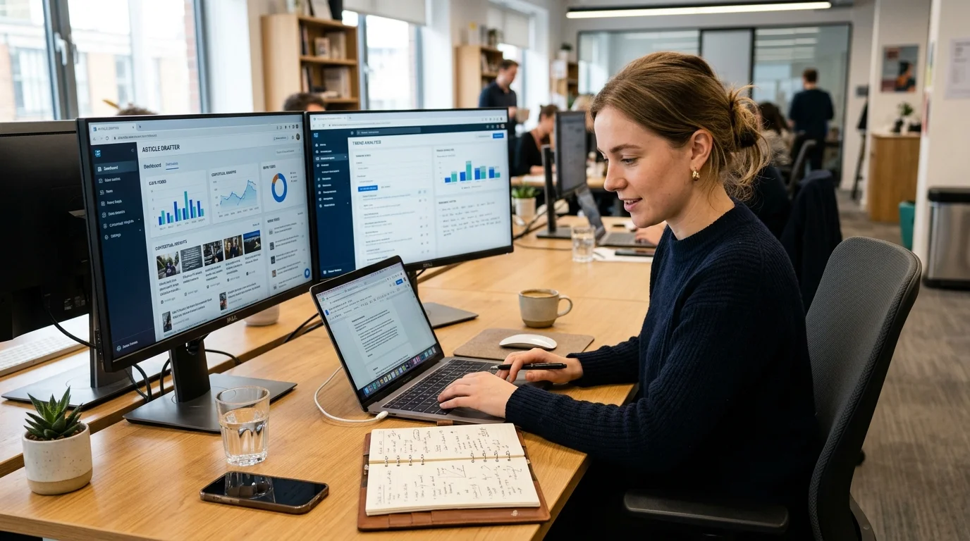 Journalist arbeitet mit KI-Tools an einem modernen Arbeitsplatz, KI für Journalisten Praxisguide