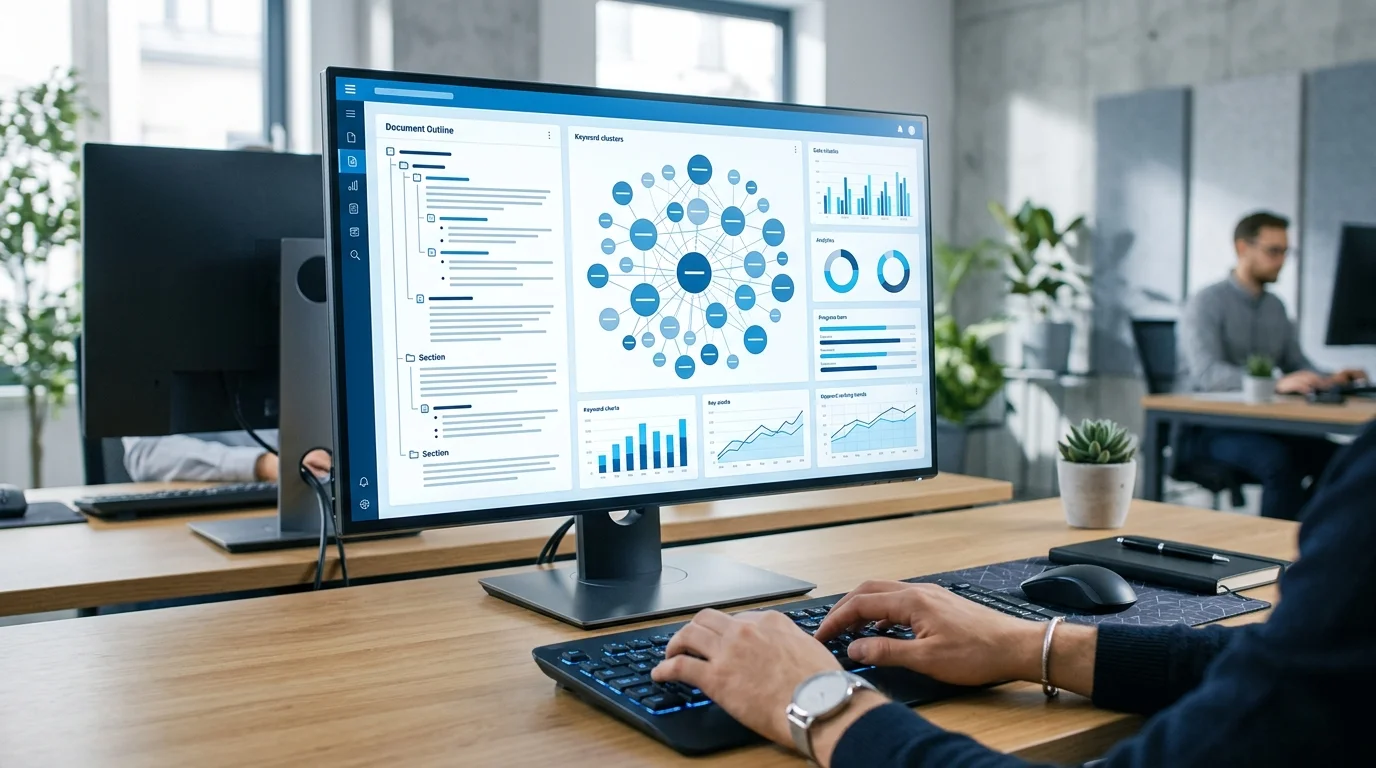 KI-Tool generiert automatisch SERP-Analyse, Keyword-Cluster und Content-Gliederung für ein Marketing-Team